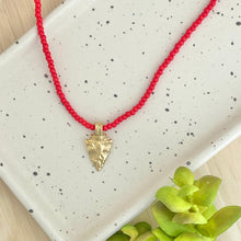 Load image into Gallery viewer, Kansas City Chiefs must have game day accessory; this cute red beaded necklace with gold arrowhead charm