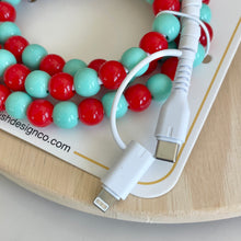 Load image into Gallery viewer, The perfect gift for Kansas City Current soccer fans! Beaded phone charger features red and teal beads and will charge USB-C and lightening ports