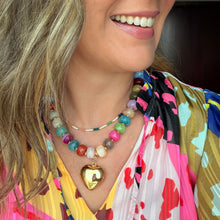 Load image into Gallery viewer, Colorful resin bead statement necklace with removable large gold heart charm and tarnish resistant clasp makes a perfect gift or accessory for date night