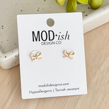 Load image into Gallery viewer, Gold bow stud earrings dainty minimalist style