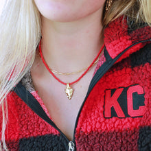 Load image into Gallery viewer, Kansas City Chiefs must have game day accessory; this cute red beaded necklace with gold arrowhead charm. Great gift idea for football fans