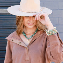 Load image into Gallery viewer, Woman wearing olive green accessories including acrylic bracelet stack and scarf necklace