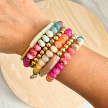 Load image into Gallery viewer, A great stack for fall with gemstone beads, gold beads, and resin beads - which add texture and dimention to your wrist