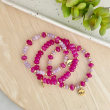 Load image into Gallery viewer, Pink and purple gemstone bracelet stack with gold accents