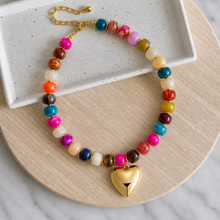 Load image into Gallery viewer, Colorful resin bead statement necklace with removable large gold heart charm and tarnish resistant clasp makes a perfect gift or accessory for date night