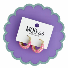 Load image into Gallery viewer, Pink striped enamel hoop earrings gold plated