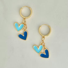 Load image into Gallery viewer, gold plated huggie hoop earrings with a royal blue and light blue enamel heart charms are perfect for Kansas City Royals games or as a gift
