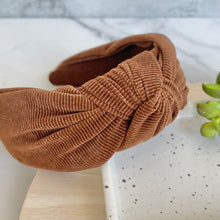 Load image into Gallery viewer, Brown corduroy headband ribbed texture top knot
