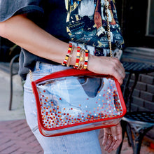 Load image into Gallery viewer, Game day clear stadium approved bag perfect for Chiefs games in Kansas City. This red and yellow purse is great gift idea for women who love football accessories.