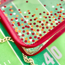 Load image into Gallery viewer, Game day clear stadium approved bag perfect for Chiefs games in Kansas City. This red and yellow purse is great gift idea for women who love football accessories.