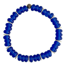 Load image into Gallery viewer, royal blue glass beads and gold disc beads on a stretch bracelet perfect for stacking