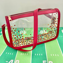 Load image into Gallery viewer, Game day clear stadium approved bag perfect for Chiefs games in Kansas City. A great gift idea for women who love football accessories.