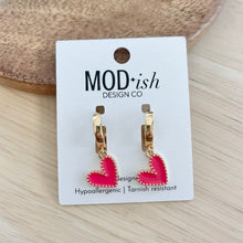 Load image into Gallery viewer, hot pink heart huggie earrings gold plated
