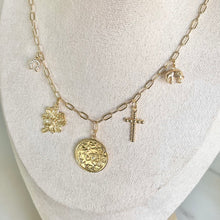Load image into Gallery viewer, Gold charm necklace paperclip chain lucky charms