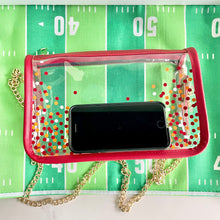 Load image into Gallery viewer, Game day clear stadium approved bag perfect for Chiefs games in Kansas City. This red and yellow purse is great gift idea for women who love football accessories.