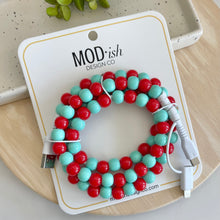 Load image into Gallery viewer, The perfect gift for Kansas City Current soccer fans!  Beaded phone charger features red and teal beads and will charge USB-C and lightening ports

