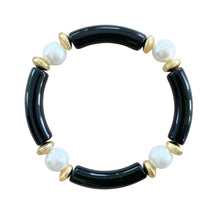 Load image into Gallery viewer, Black and pearl beaded bracelet with gold accents

