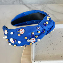 Load image into Gallery viewer, Blue baseball beaded headband with rhinestones
