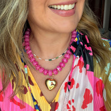 Load image into Gallery viewer, Bright hot pink Colorful resin bead statement necklace with removable large gold heart charm and tarnish resistant clasp makes a perfect gift or accessory for date night

