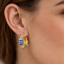 Load image into Gallery viewer, Brightly colored enamel strip gold hoop earring 
