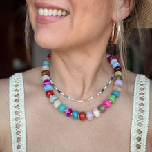 Load image into Gallery viewer, Bright, Colorful resin bead statement necklace with removable large gold heart charm and tarnish resistant clasp makes a perfect gift or accessory for date night
