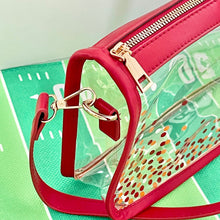 Load image into Gallery viewer, Game day clear stadium approved bag perfect for Chiefs games in Kansas City.  This red and yellow purse is great gift idea for women who love football accessories.
