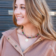 Load image into Gallery viewer, Gemstone candy necklace layered with gold chains and a statement charm
