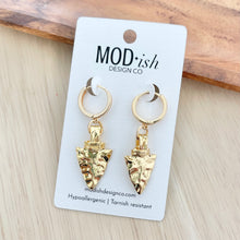 Load image into Gallery viewer, Gold arrowhead huggie earrings small hoop style
