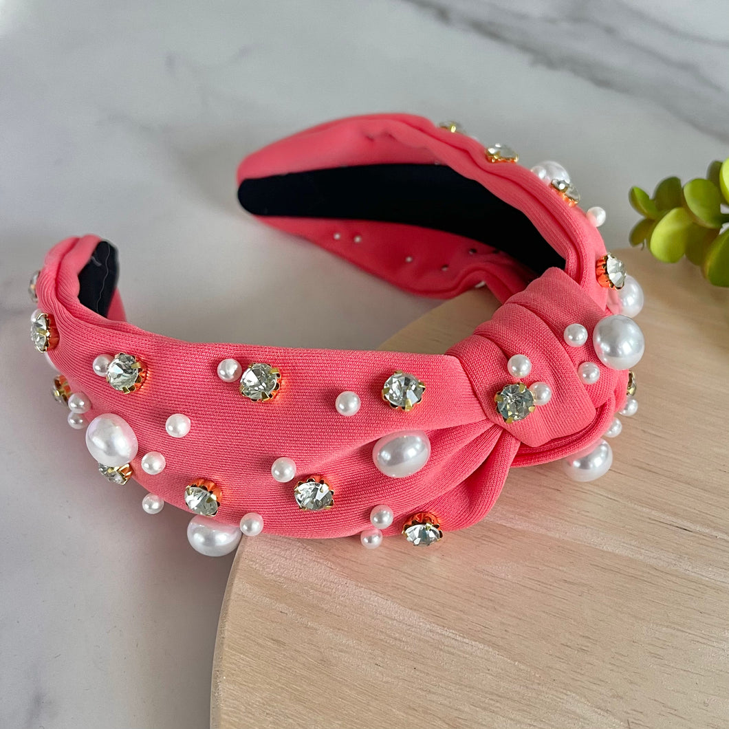 Pearl & Rhinestone Headband - Coral