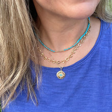 Load image into Gallery viewer, dainty gold and turquoise beaded necklaces stacked with a gold evil eye pendant
