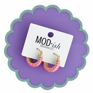 Pink striped enamel hoop earrings gold plated