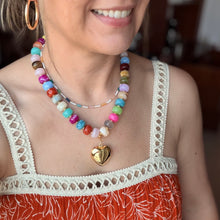 Load image into Gallery viewer, Colorful resin bead statement necklace with removable large gold heart charm and tarnish resistant clasp makes a perfect gift or accessory for date night

