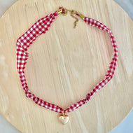 Red gingham bandana necklace with gold heart charm