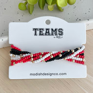 black, red, and white seed bead bracelets come in a set of 7 featuring golden accent beads to make the perfect game day stack