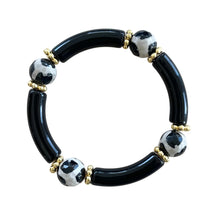 Load image into Gallery viewer, Tibetan agate and black beaded bracelet with gold accents
