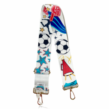 Load image into Gallery viewer, Adjustable bag strap with a collage of soccer themed graphics in support of the Kansas City Current women's team
