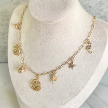 Load image into Gallery viewer, Beachy charm necklace gold paperclip chain layered
