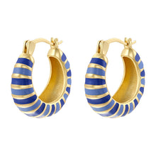 Load image into Gallery viewer, gold plated hoop earrings with blue enamel stripes are perfect for Kansas City royals games or as a gift for women
