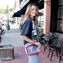 Load image into Gallery viewer, Game day clear stadium approved bag perfect for Chiefs games in Kansas City.  This red and yellow purse is great gift idea for women who love football accessories.
