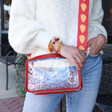Load image into Gallery viewer, Game day clear stadium approved bag perfect for Chiefs games in Kansas City.  This red and yellow purse is great gift idea for women who love football accessories.
