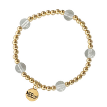 Load image into Gallery viewer, 18k gold plated beads are hypoallergenic and perfect for stacking.  Clear quartz beads add texture and interest in this unique handmade bracelet
