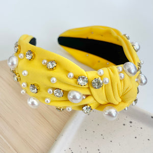 Pearl & Rhinestone Headband - Bright Yellow