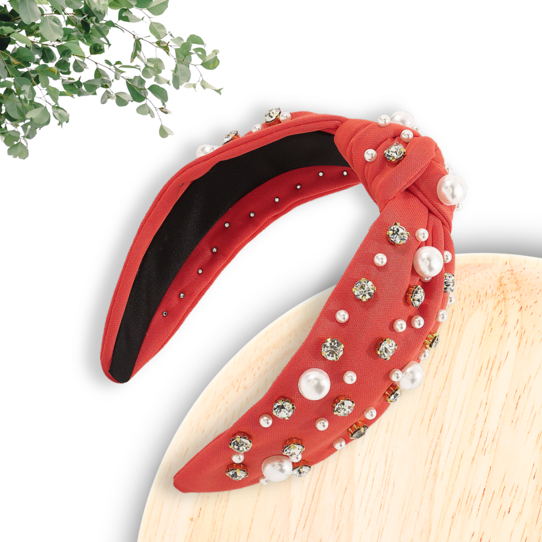 Pearl & Rhinestone Headband - Tomato