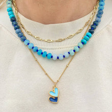 Load image into Gallery viewer, gold plated necklace with a royal blue and light blue enamel heart charms are perfect for Kansas City Royals games or as a gift
