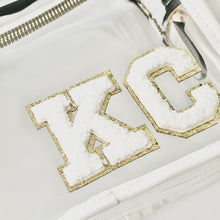 Load image into Gallery viewer, Clear stadium bag with white trim and a varsity chenille KC decal is a necessity for game day.  Great for Royals, Chiefs, Current, or any other games. 
