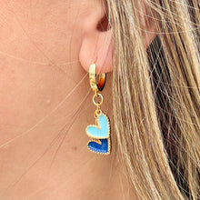 Load image into Gallery viewer, gold plated huggie hoop earrings with a royal blue and light blue enamel heart charms are perfect for Kansas City Royals games or as a gift
