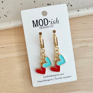 gold plated huggie hoop earrings with a red and teal enamel heart charm are perfect for Kansas City women's soccer games to support the KC Current