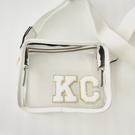 Clear stadium bag with white trim and a varsity chenille KC decal is a necessity for game day.  Great for Royals, Chiefs, Current, or any other games. 