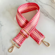 pink purse strap with gold hardware adjustable strap