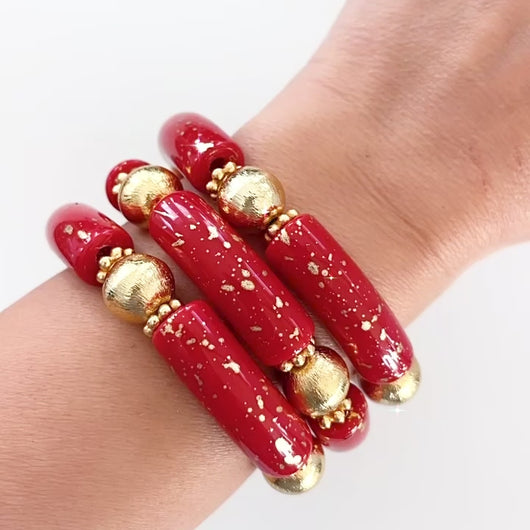 Chunky 12mm red splatter stretch bracelet gold accents